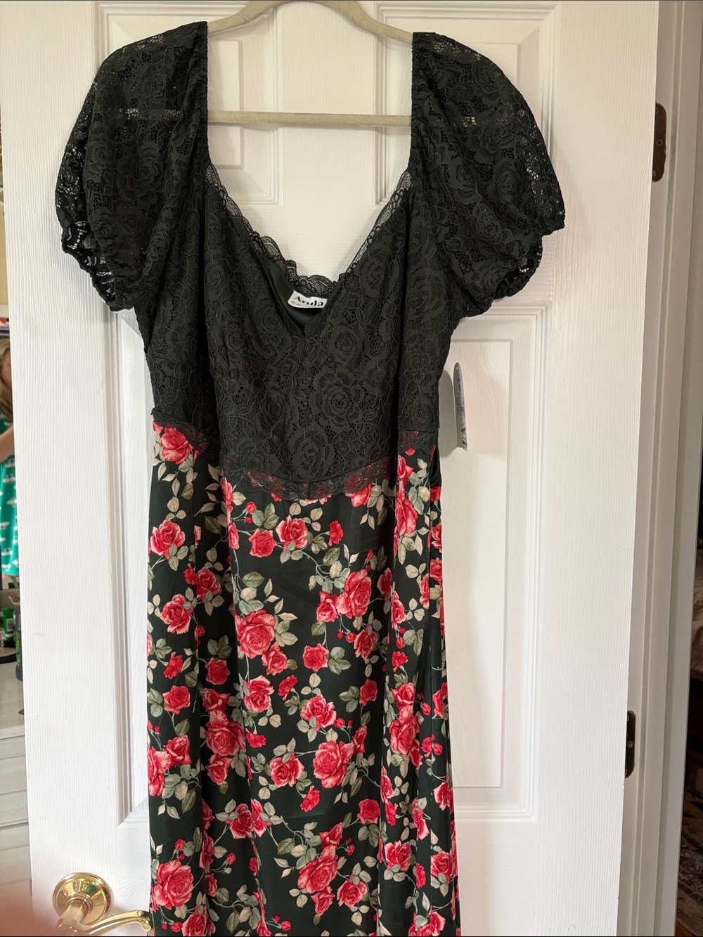 ARULA Dark Green Lace Top Maxi Dress with Red Rose Print New